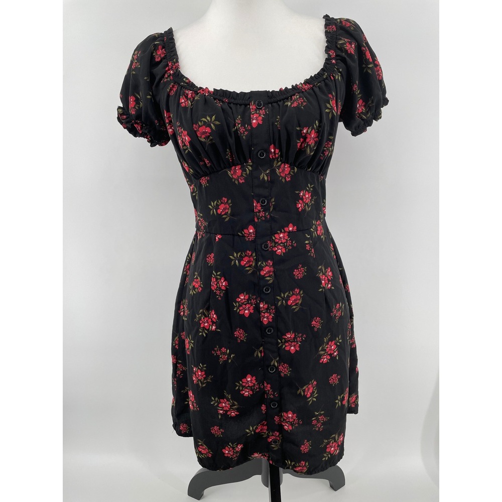 Floral Mini Dress Womens Small Black Red Milkmaid Romantic Cottagecore Y2K Boho